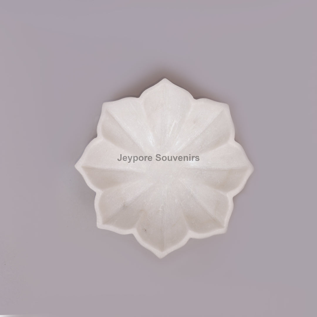 Handcrafted White Marble Flower Bowl with Scalloped Petal Design