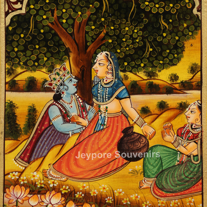 Handcrafted Radha Krishna Pichwai Wooden Wall Mirror