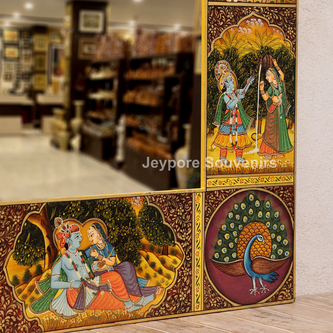 Handcrafted Radha Krishna Pichwai Wooden Wall Mirror