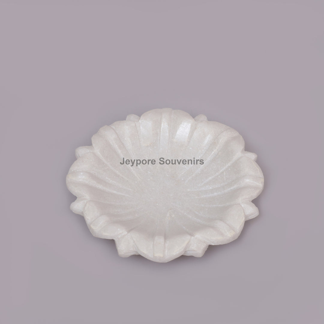 Hand-Carved White Marble Lotus Urli Bowl with Intricate Petal Design