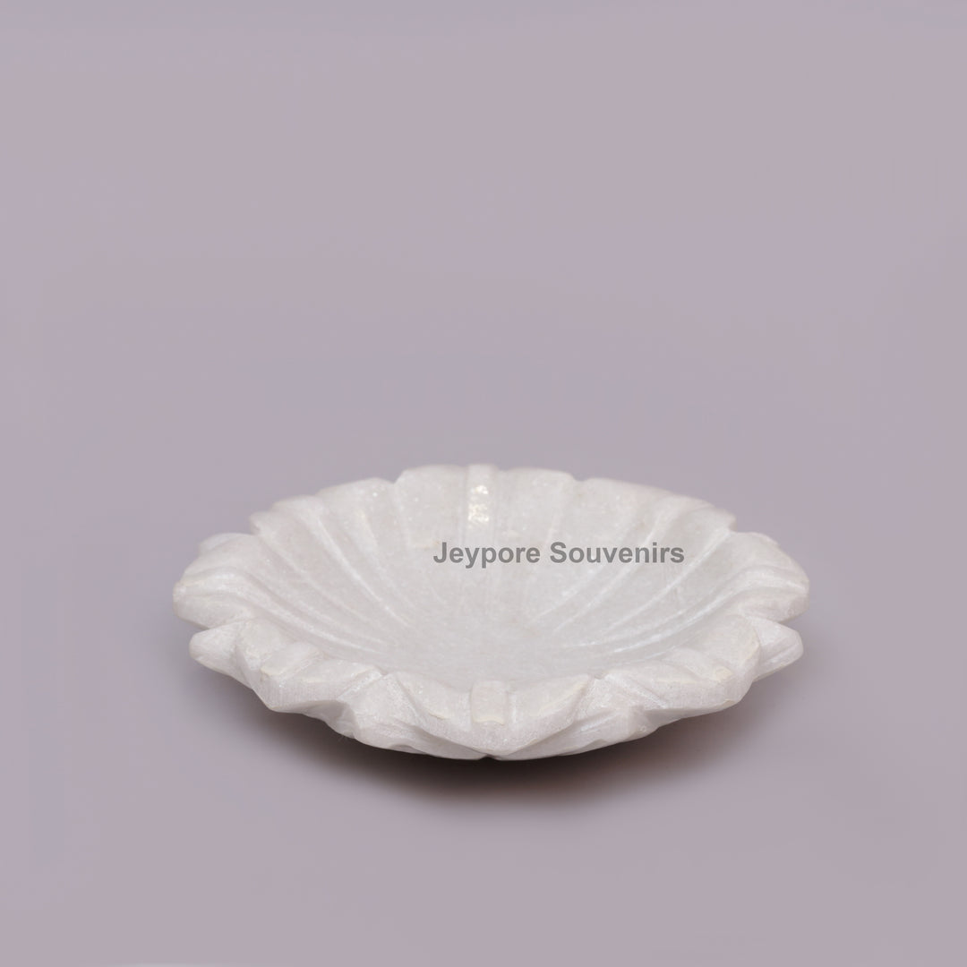 Hand-Carved White Marble Lotus Urli Bowl with Intricate Petal Design