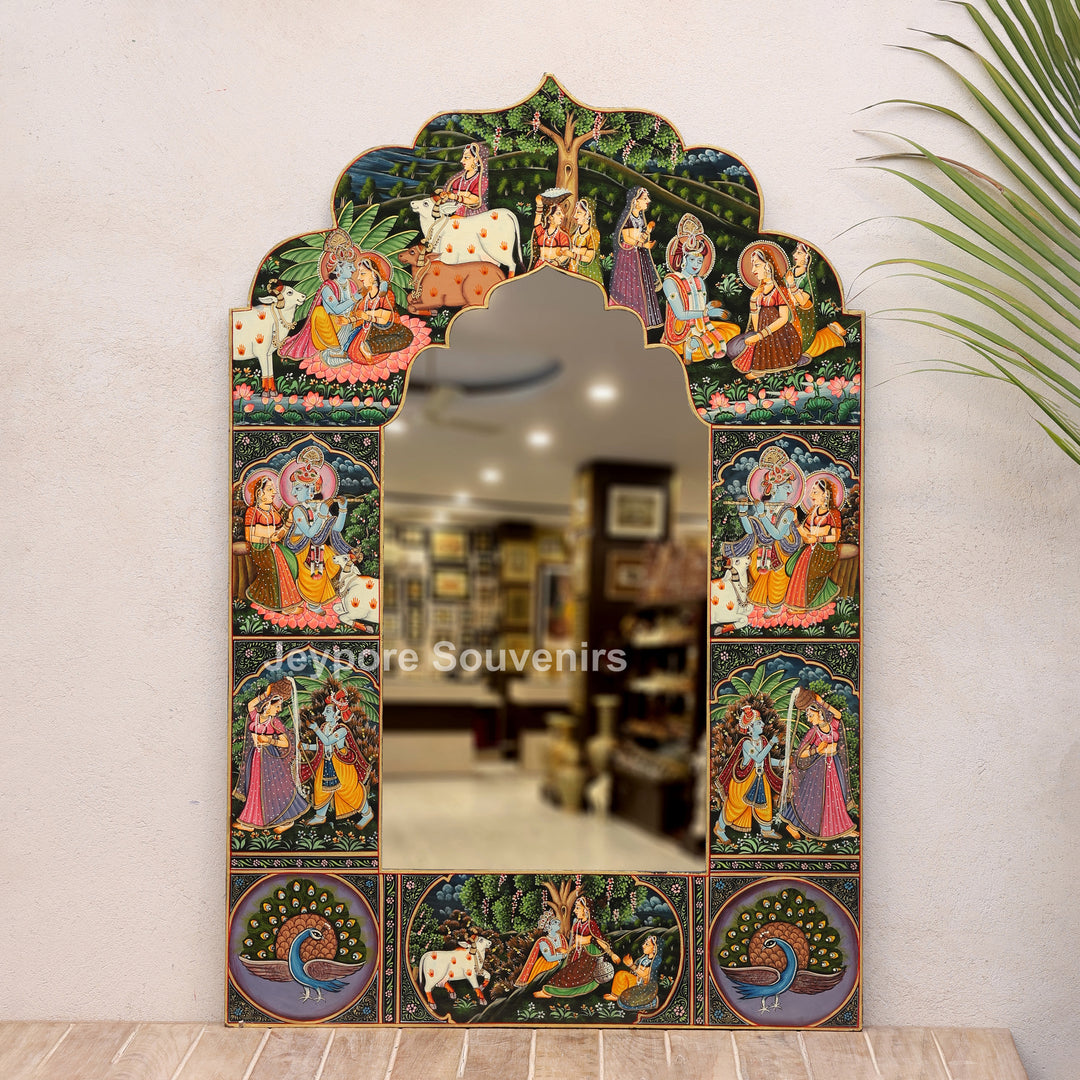 Handcrafted Radha Krishna Pichwai Wooden Decorative Wall Mirror