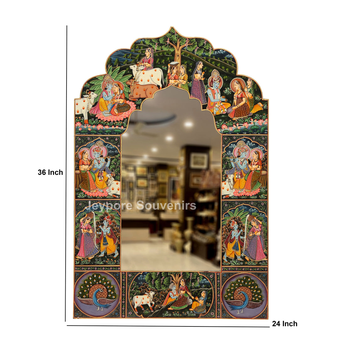 Handcrafted Radha Krishna Pichwai Wooden Decorative Wall Mirror