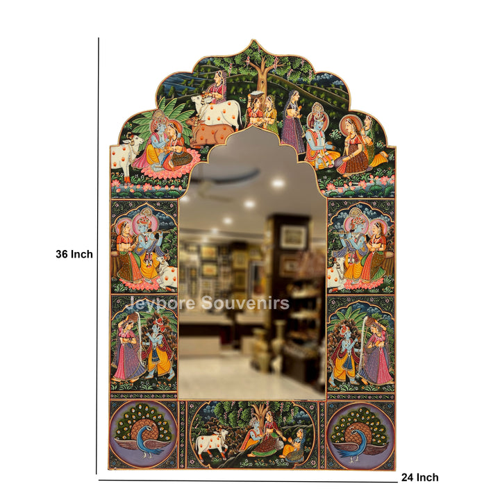 Handcrafted Radha Krishna Pichwai Wooden Decorative Wall Mirror