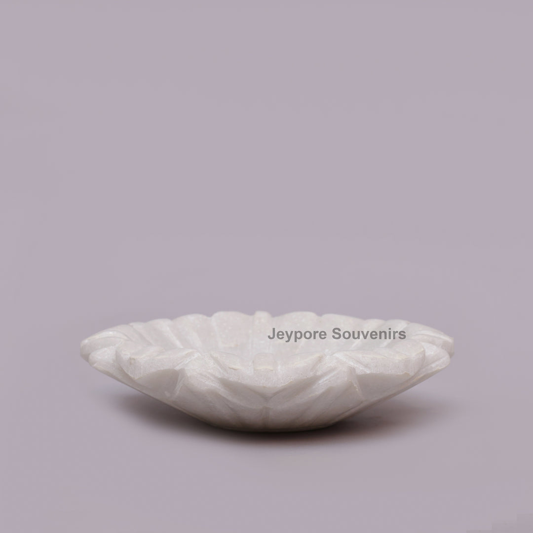 Hand-Carved White Marble Lotus Urli Bowl with Intricate Petal Design