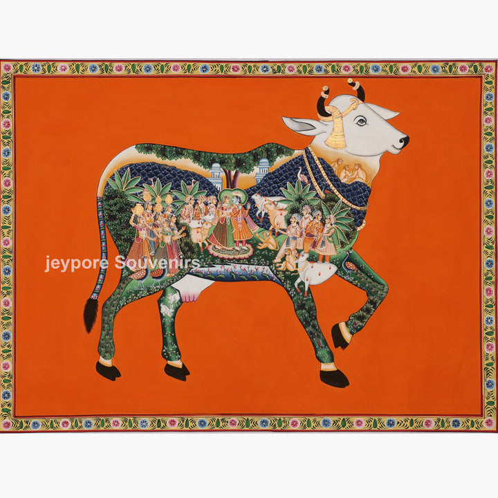 Kamadhenu – Cow with Krishna Leelas - Hand-Painted Pichwai
