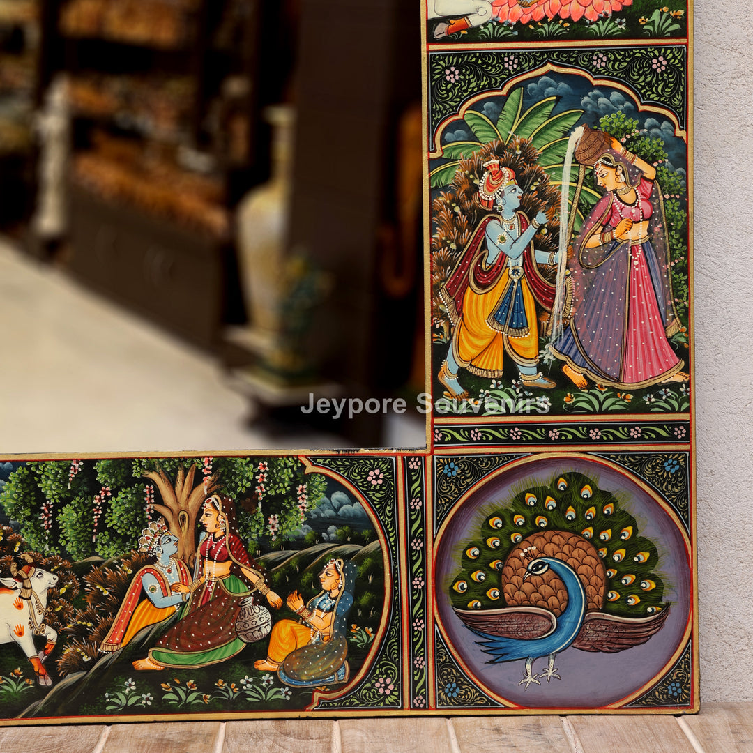 Handcrafted Radha Krishna Pichwai Wooden Decorative Wall Mirror