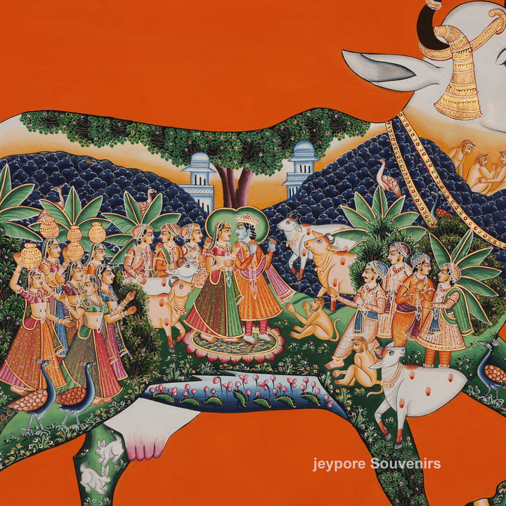 Kamadhenu – Cow with Krishna Leelas - Hand-Painted Pichwai