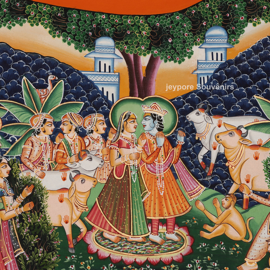 Kamadhenu – Cow with Krishna Leelas - Hand-Painted Pichwai