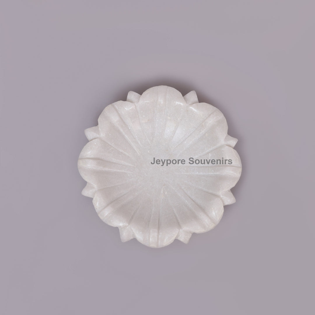 Hand-Carved White Marble Lotus Urli Bowl with Intricate Petal Design