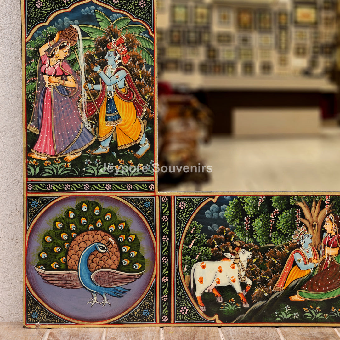 Handcrafted Radha Krishna Pichwai Wooden Decorative Wall Mirror