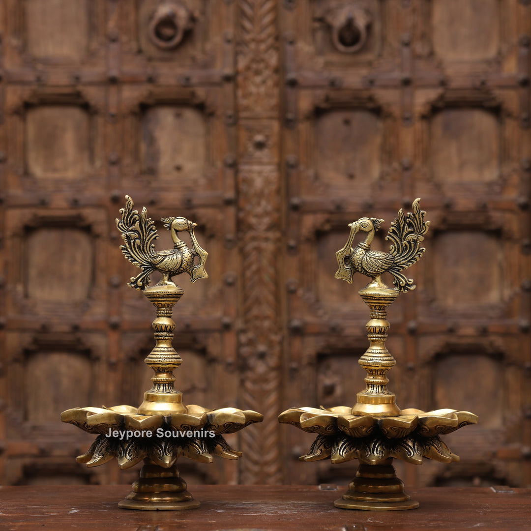 Handcrafted Brass Peacock Lotus Oil Lamp