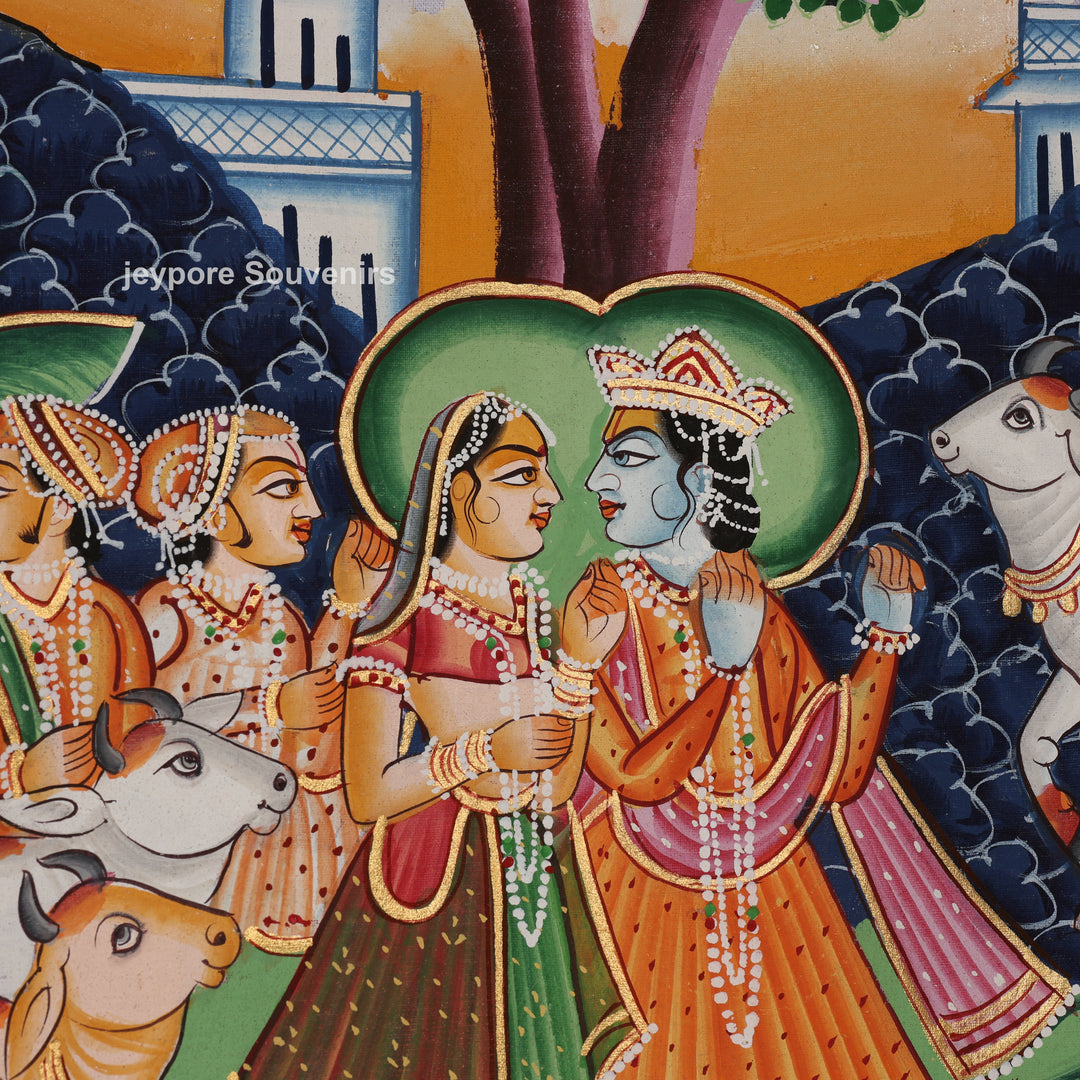 Kamadhenu – Cow with Krishna Leelas - Hand-Painted Pichwai