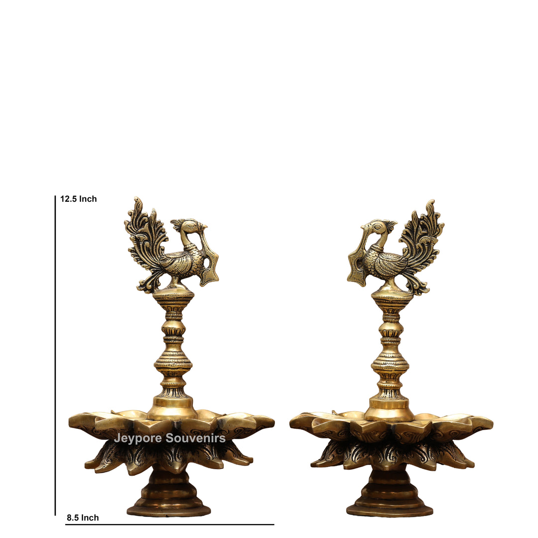 Handcrafted Brass Peacock Lotus Oil Lamp