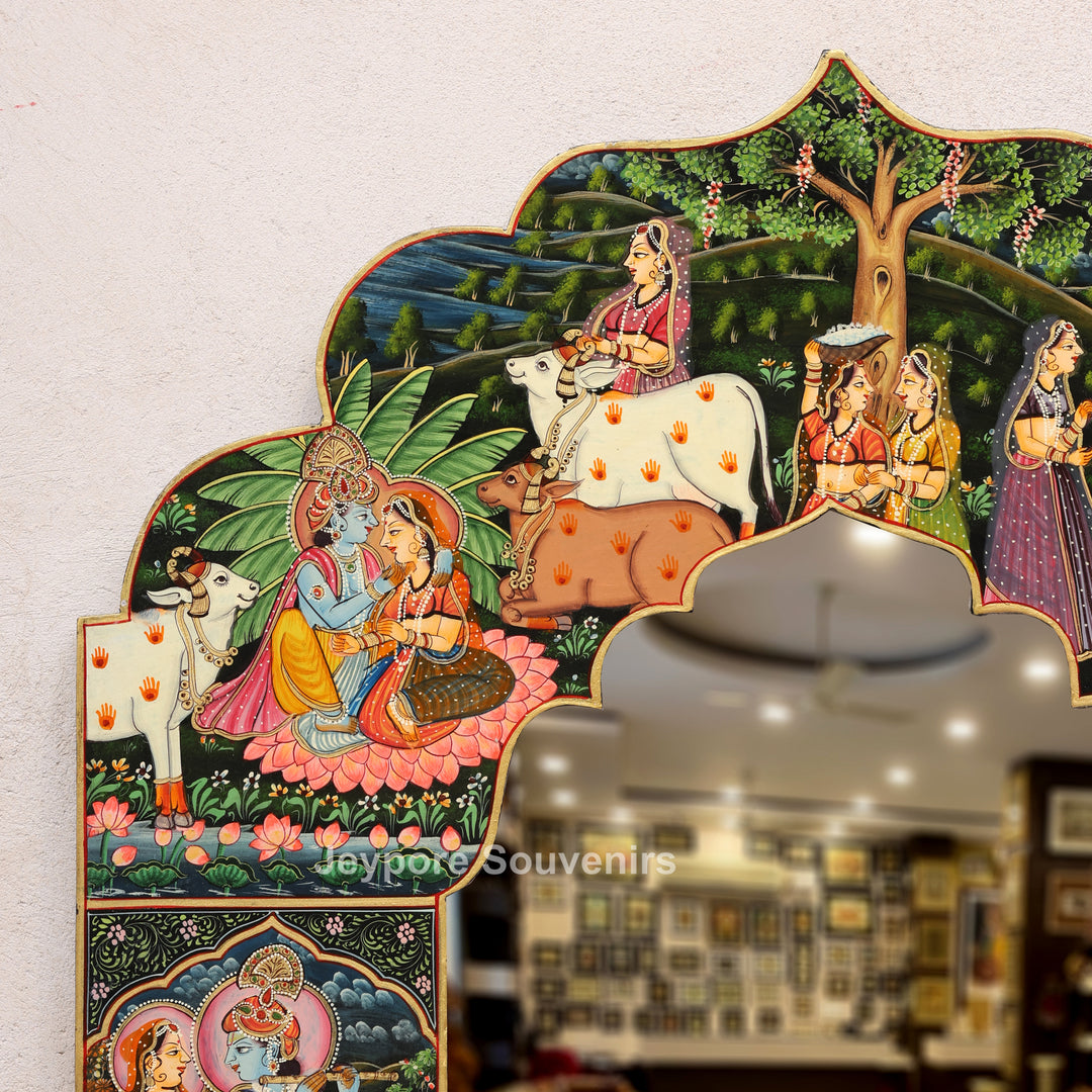 Handcrafted Radha Krishna Pichwai Wooden Decorative Wall Mirror