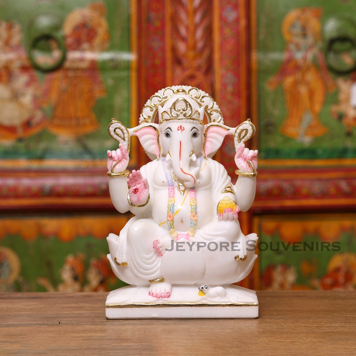9" Pure White Marble Lord Ganesha Idol with Real Gold Leaf Work