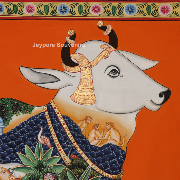 Kamadhenu – Cow with Krishna Leelas - Hand-Painted Pichwai