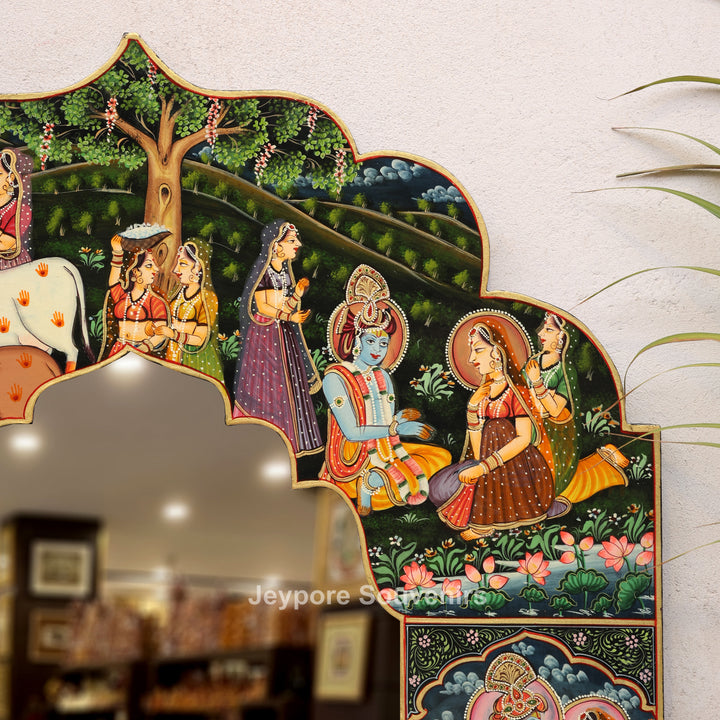 Handcrafted Radha Krishna Pichwai Wooden Decorative Wall Mirror