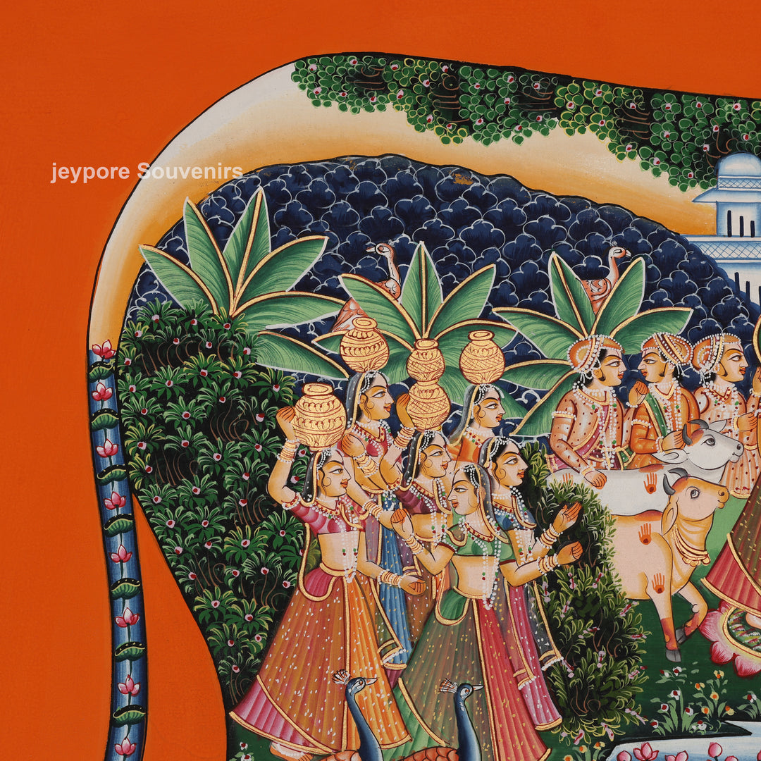 Kamadhenu – Cow with Krishna Leelas - Hand-Painted Pichwai