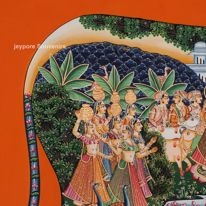 Kamadhenu – Cow with Krishna Leelas - Hand-Painted Pichwai