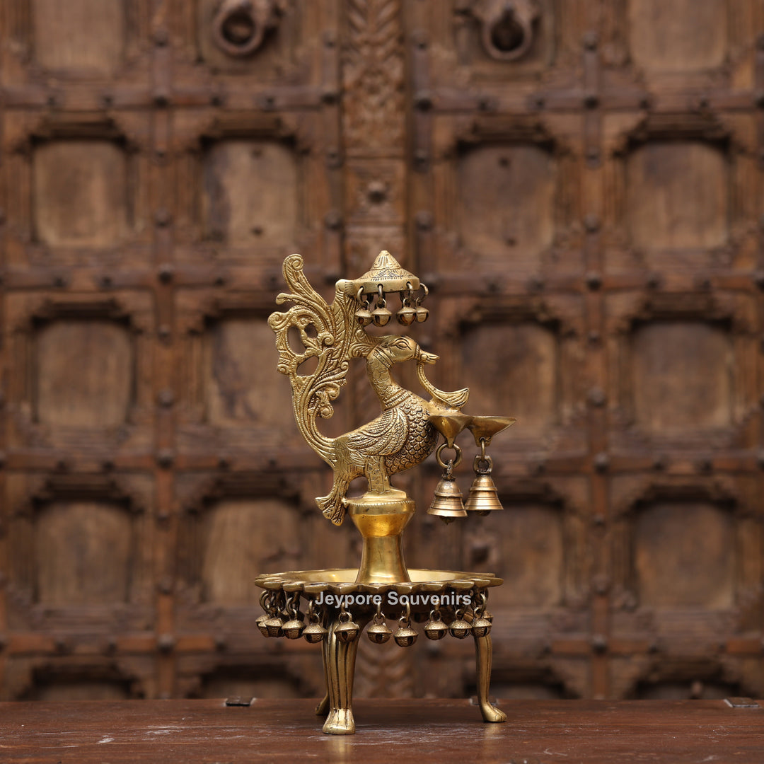 Handcrafted Brass Peacock (Mayil Vilakku) Oil Lamp with Hanging Bells