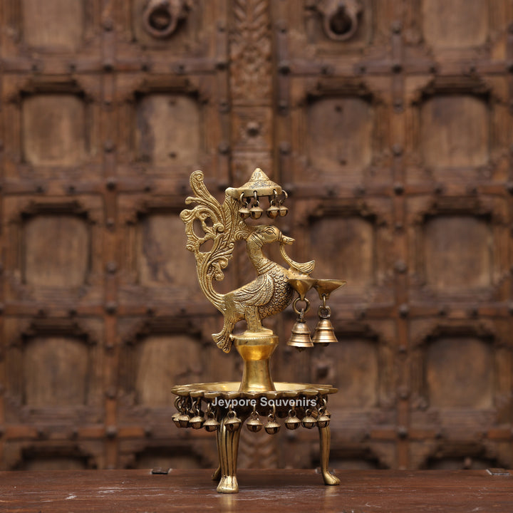 Handcrafted Brass Peacock (Mayil Vilakku) Oil Lamp with Hanging Bells