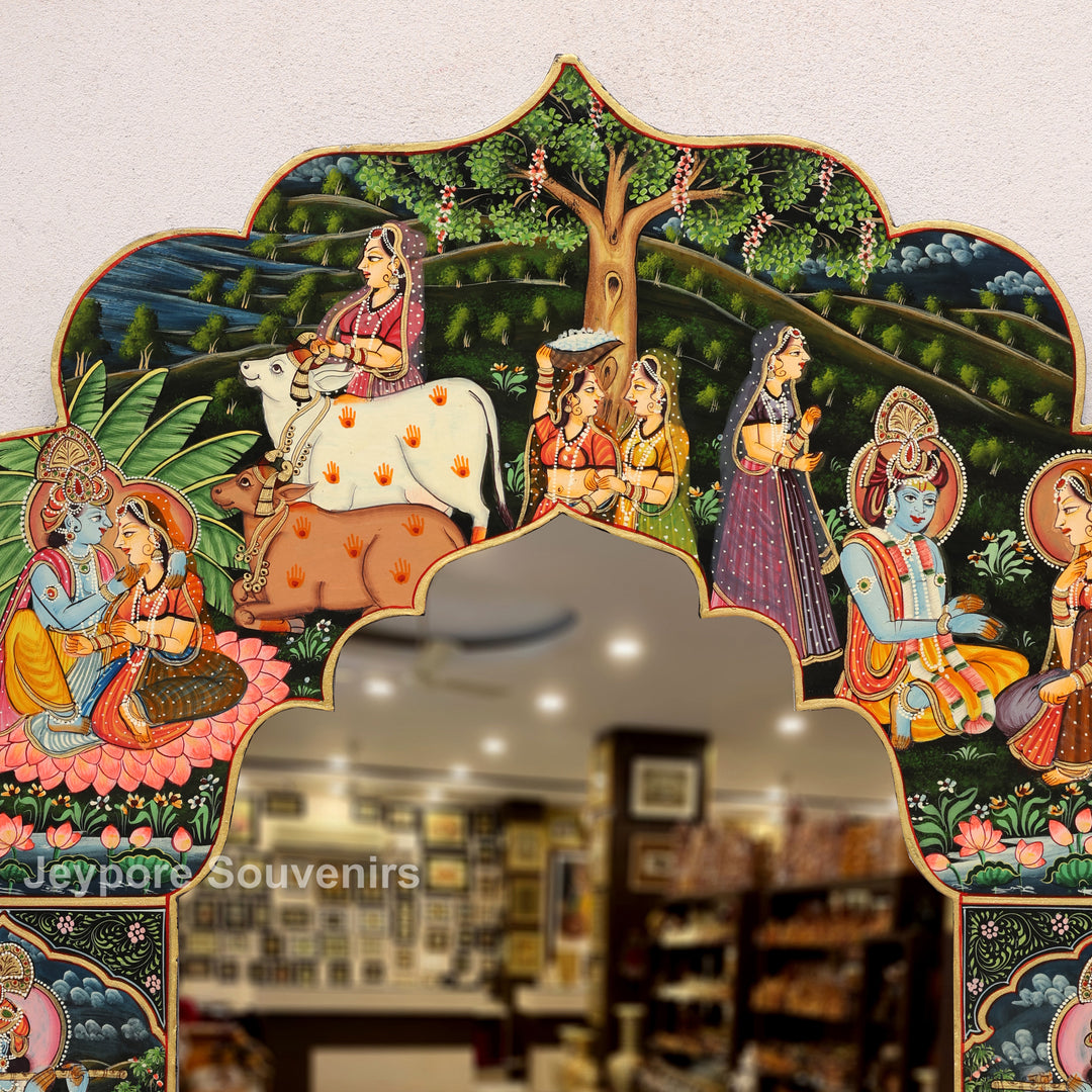 Handcrafted Radha Krishna Pichwai Wooden Decorative Wall Mirror