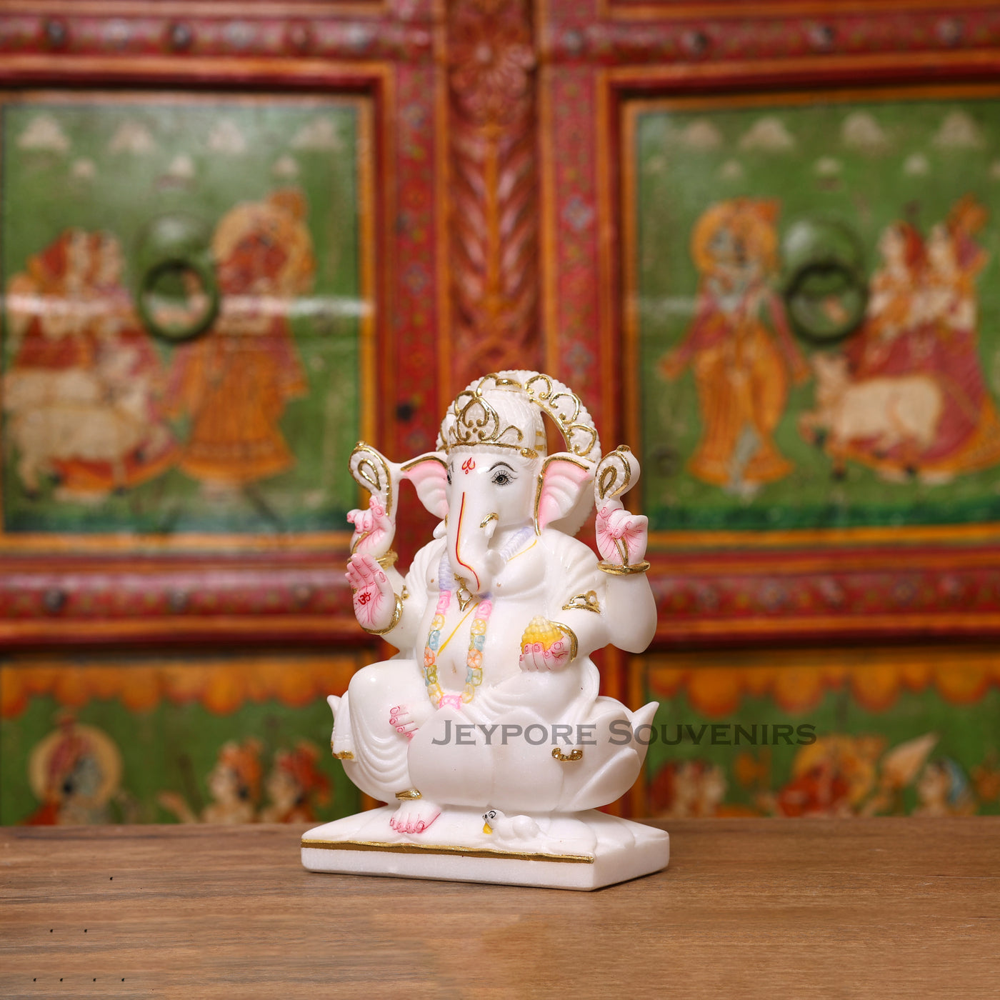 9" Pure White Marble Lord Ganesha Idol with Real Gold Leaf Work