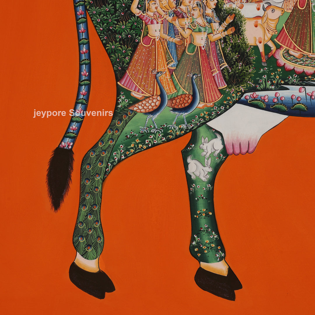 Kamadhenu – Cow with Krishna Leelas - Hand-Painted Pichwai
