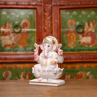 9" Pure White Marble Lord Ganesha Idol with Real Gold Leaf Work