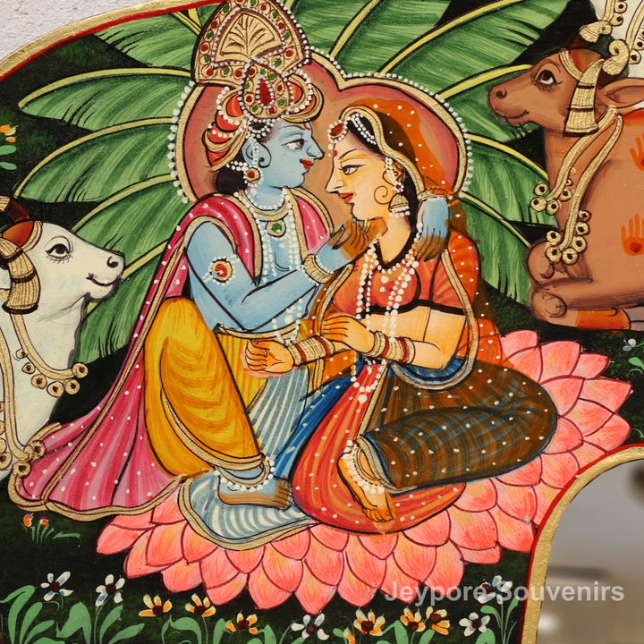 Handcrafted Radha Krishna Pichwai Wooden Decorative Wall Mirror