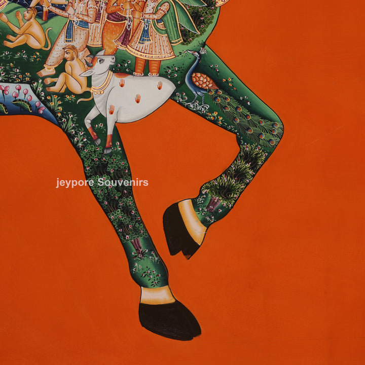 Kamadhenu – Cow with Krishna Leelas - Hand-Painted Pichwai
