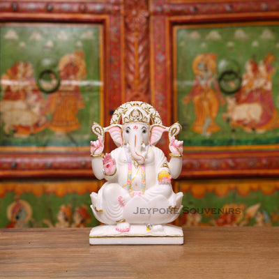 9" Pure White Marble Lord Ganesha Idol with Real Gold Leaf Work