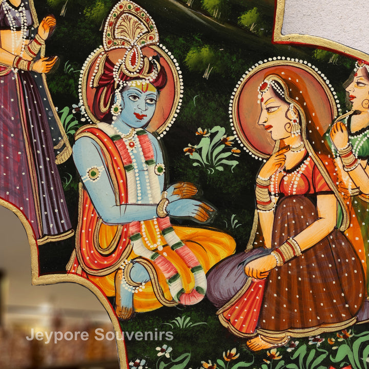 Handcrafted Radha Krishna Pichwai Wooden Decorative Wall Mirror