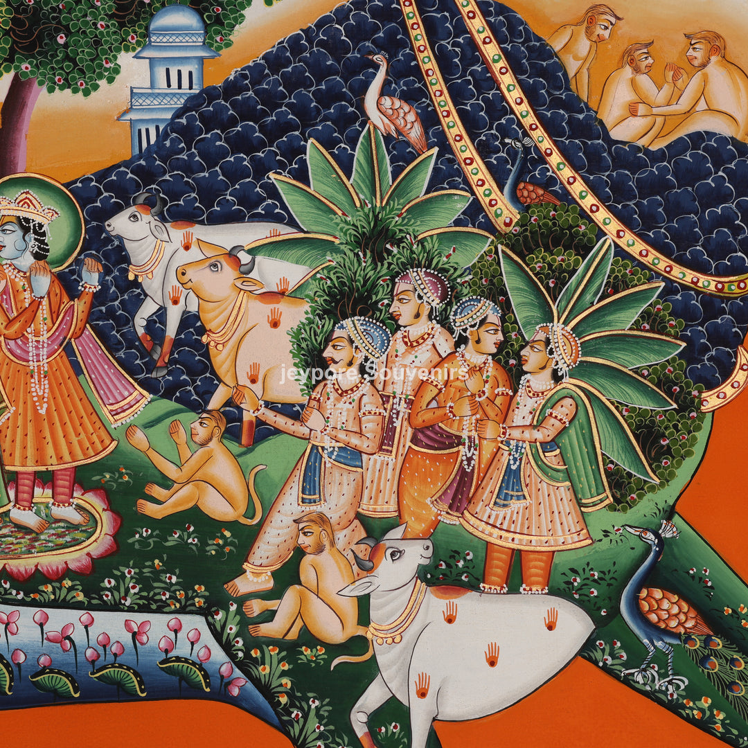 Kamadhenu – Cow with Krishna Leelas - Hand-Painted Pichwai