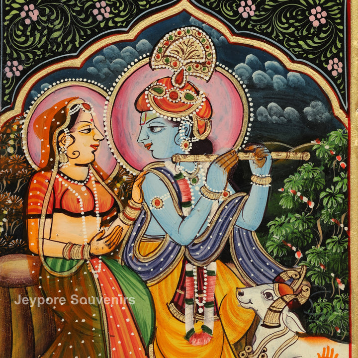 Handcrafted Radha Krishna Pichwai Wooden Decorative Wall Mirror