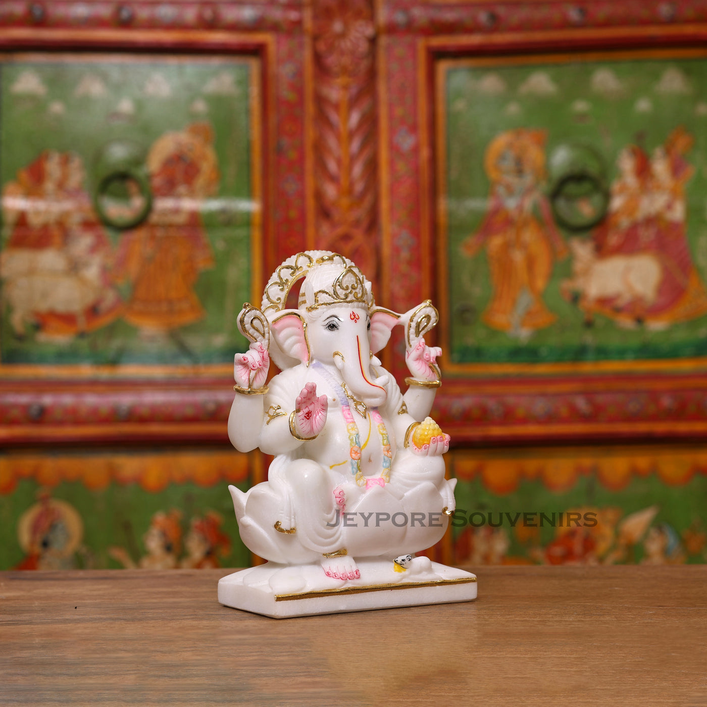 9" Pure White Marble Lord Ganesha Idol with Real Gold Leaf Work