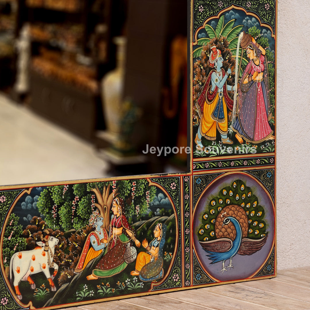 Handcrafted Radha Krishna Pichwai Wooden Decorative Wall Mirror