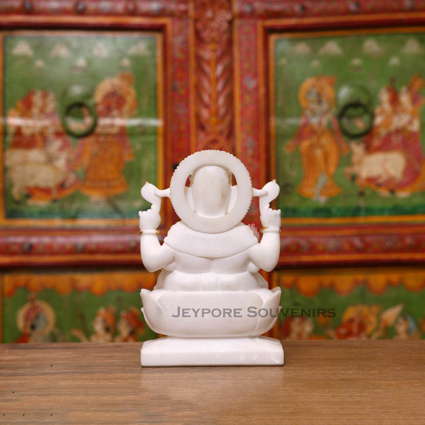 9" Pure White Marble Lord Ganesha Idol with Real Gold Leaf Work