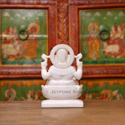 9" Pure White Marble Lord Ganesha Idol with Real Gold Leaf Work