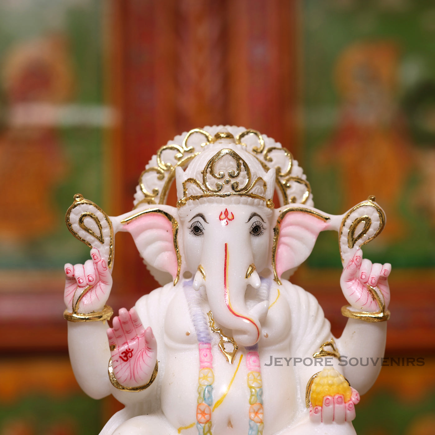 9" Pure White Marble Lord Ganesha Idol with Real Gold Leaf Work