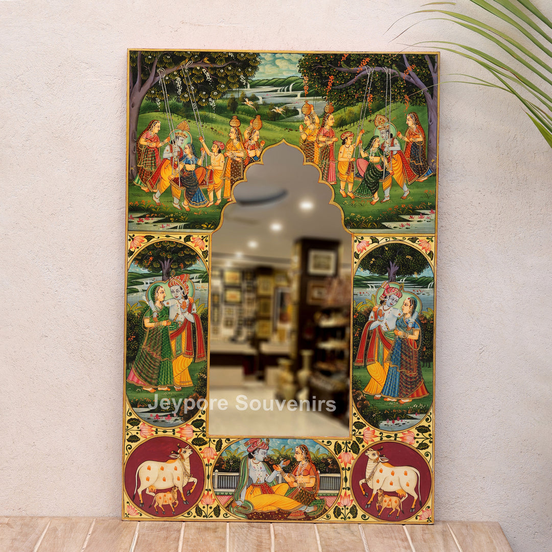 Radha Krishna Pichwai Wooden Decorative Wall Mirror Frame