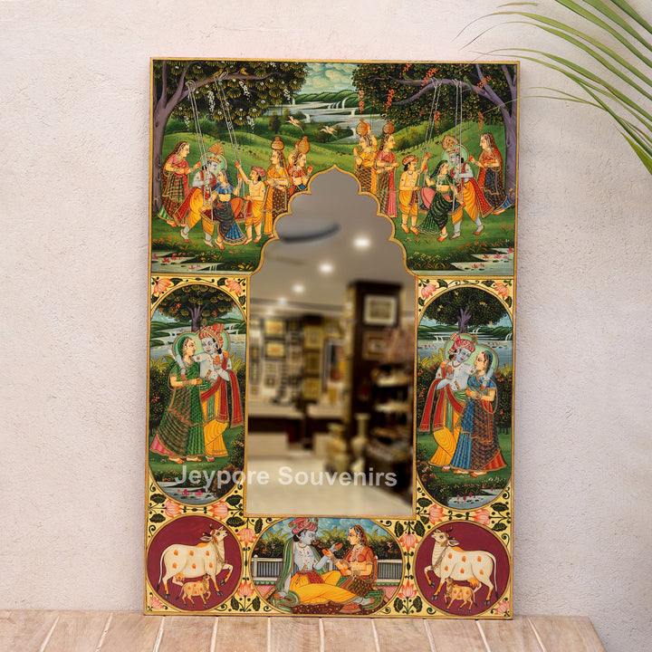 Radha Krishna Pichwai Wooden Decorative Wall Mirror Frame