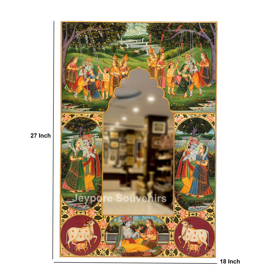 Radha Krishna Pichwai Wooden Decorative Wall Mirror Frame