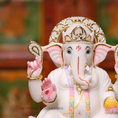 9" Pure White Marble Lord Ganesha Idol with Real Gold Leaf Work