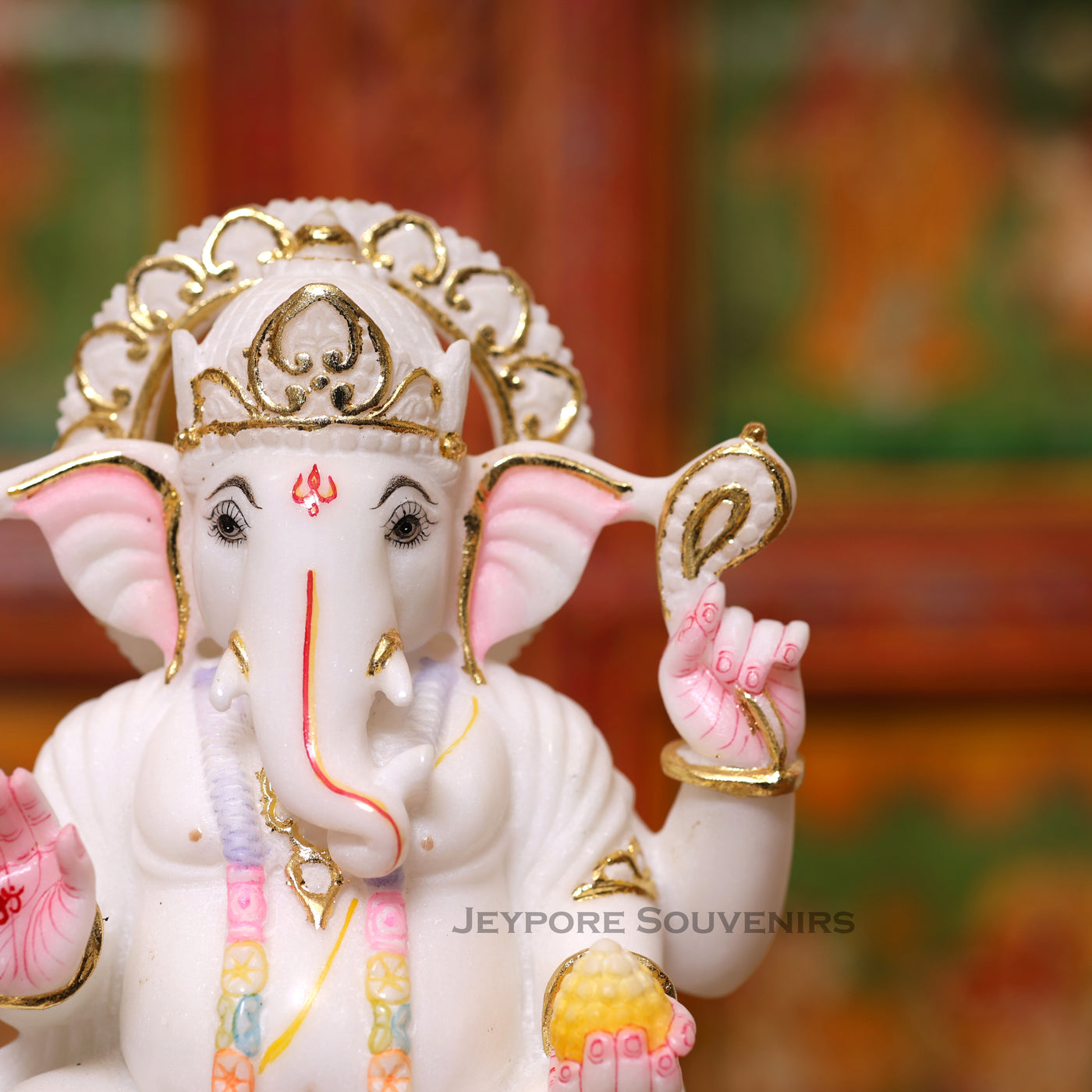 9" Pure White Marble Lord Ganesha Idol with Real Gold Leaf Work