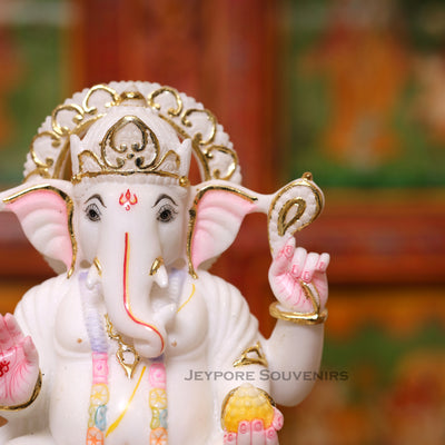 9" Pure White Marble Lord Ganesha Idol with Real Gold Leaf Work