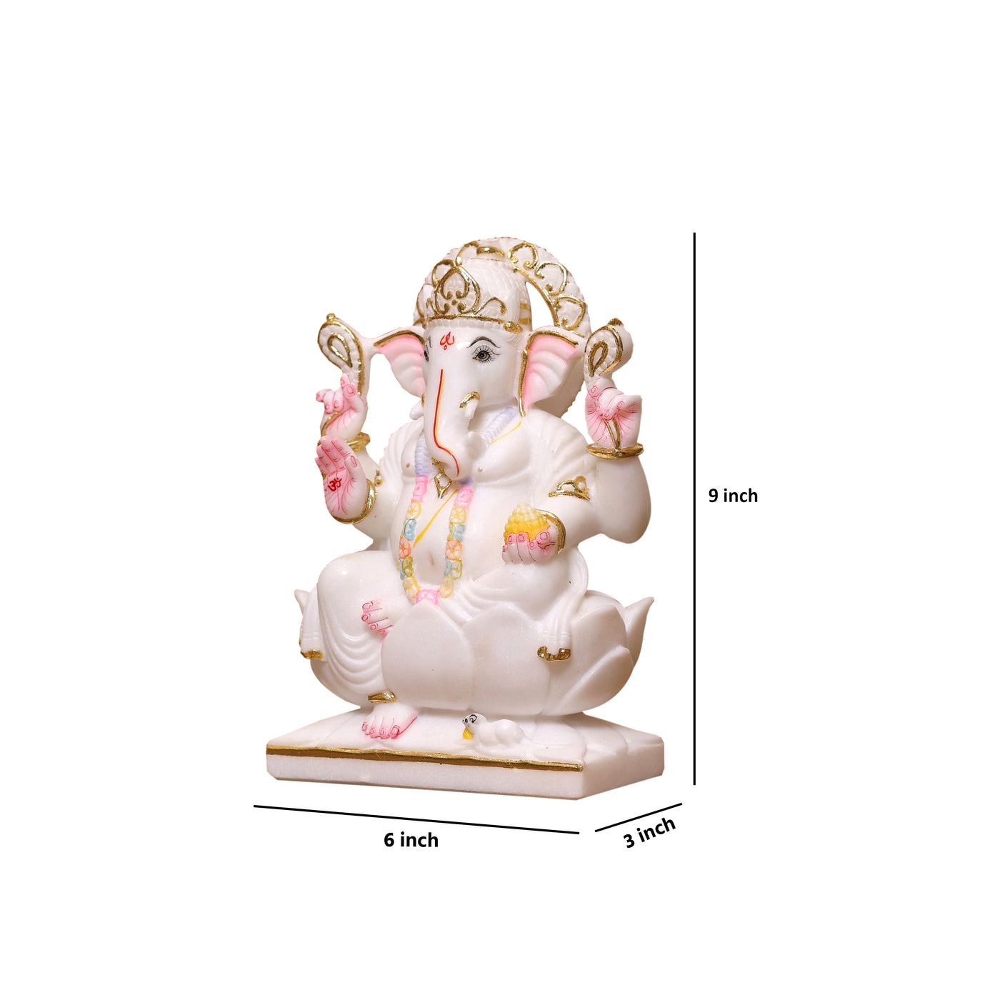 9" Pure White Marble Lord Ganesha Idol with Real Gold Leaf Work