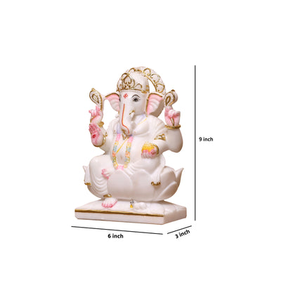 9" Pure White Marble Lord Ganesha Idol with Real Gold Leaf Work