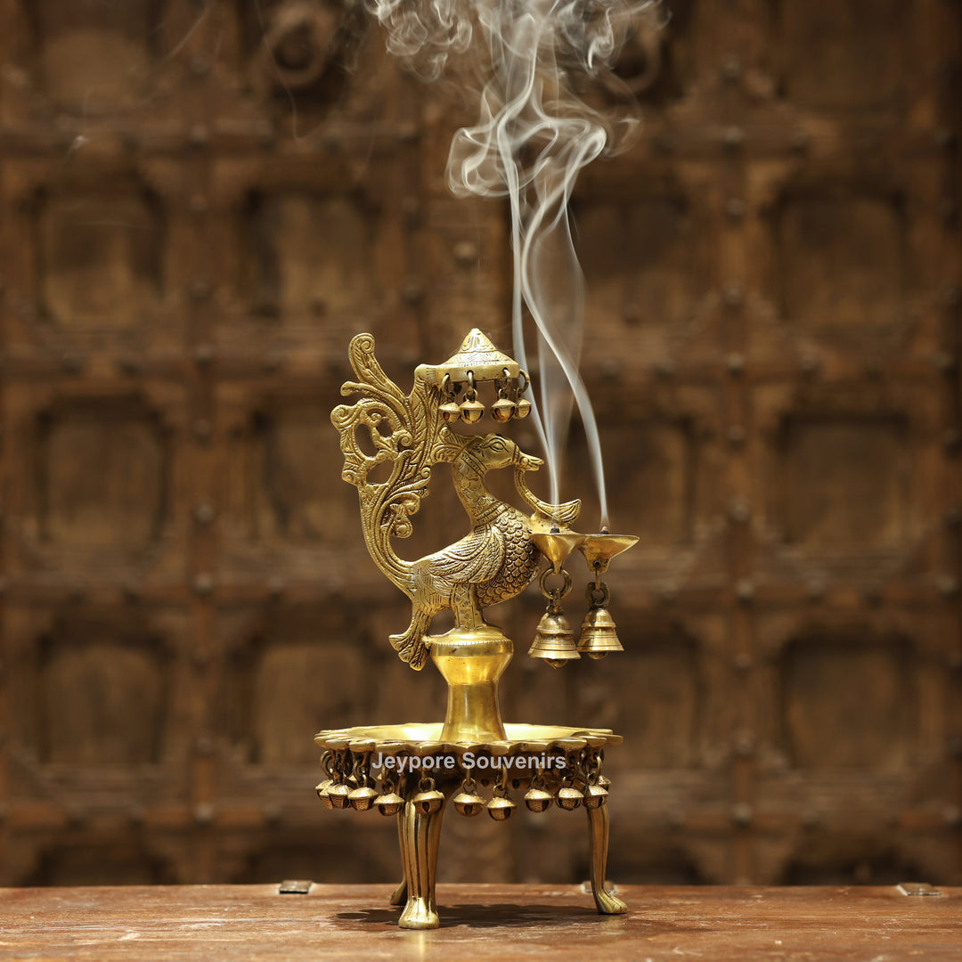 Handcrafted Brass Peacock (Mayil Vilakku) Oil Lamp with Hanging Bells